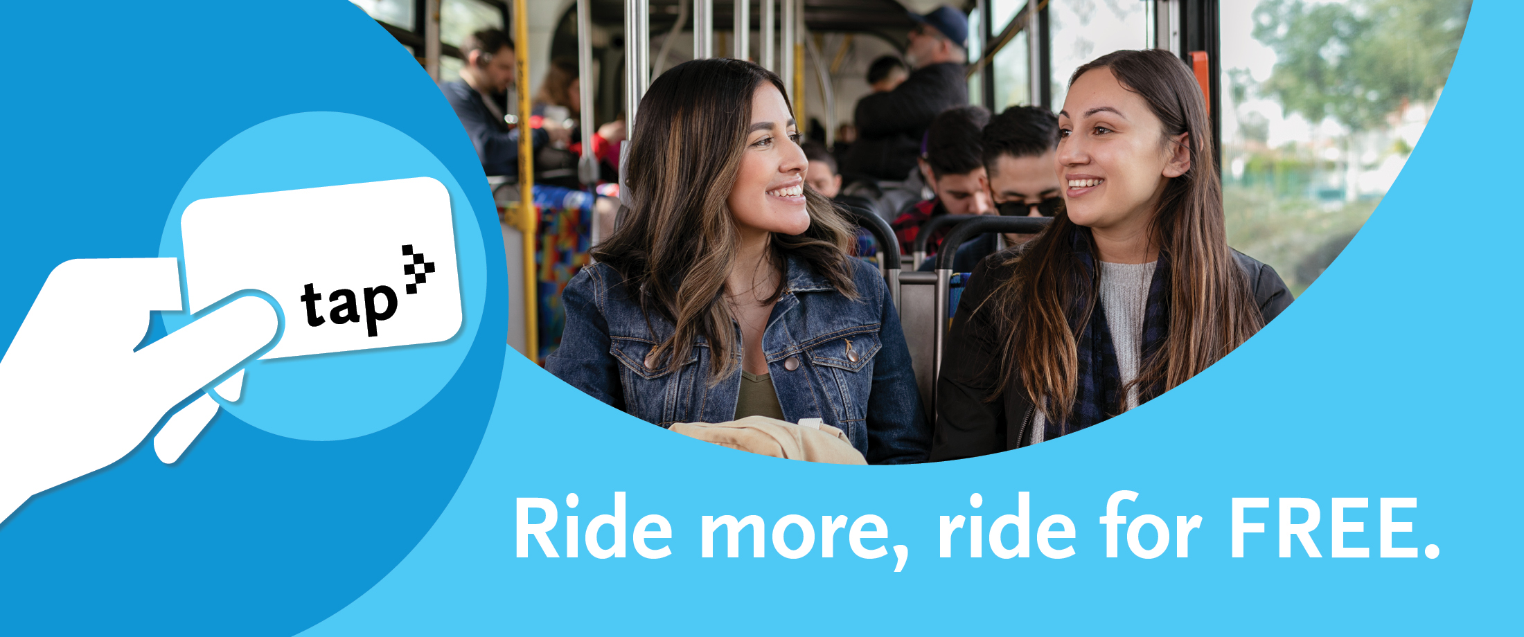 Image of women on bus, promoting the more you ride, the more you save